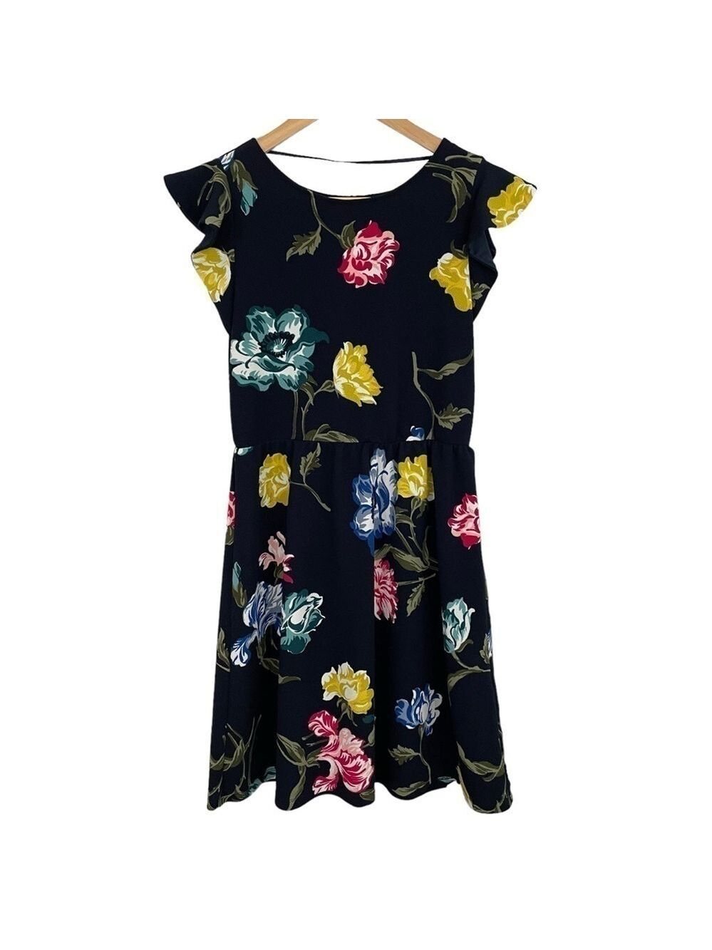 Joe Fresh Floral Spring Dress Womens S Navy Blue Colourful Flowers So Cute! EUC